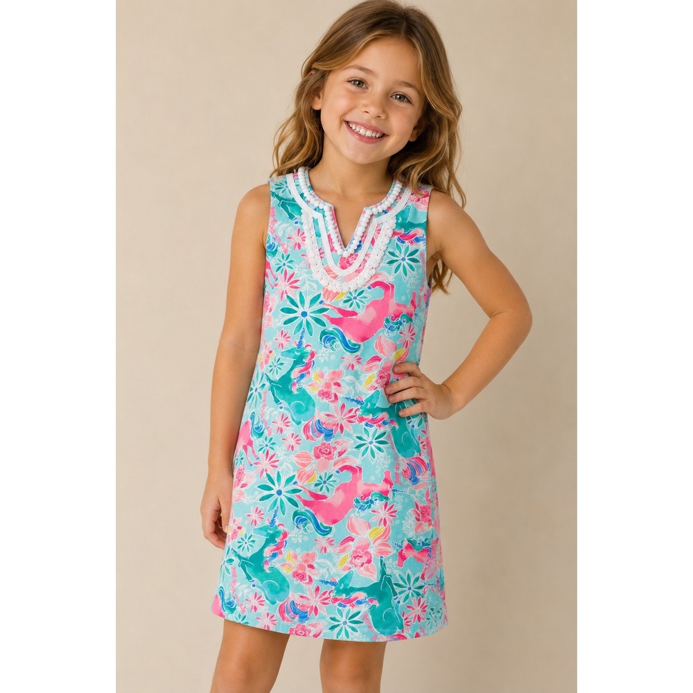 Lilly Pulitzer Girls Marys Wish Unicorn Floral Pom Pom Shift Dress Size L 8-10